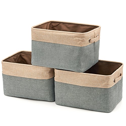 EZOWARE Aufbewahrungskorb aus Leinen mit Griffen, Faltbare Aufbewahrungsbox, Canvas Stoffkorb für die Organisation Kinderzimmer, Spielzeug, Schrank – 3er Set (Grau/Beige) von EZOWARE