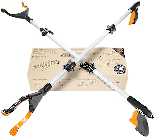 EZPIK 2 x 100 cm Greifer für Senioren mit Magnet-Greifarm, Robuste Greifzangen für Menschen mit Behinderungen, Drehbare Müllgreifer Zange, Gehilfe mit Befestigungsclip, 2er-Pack, Silber von EZPIK