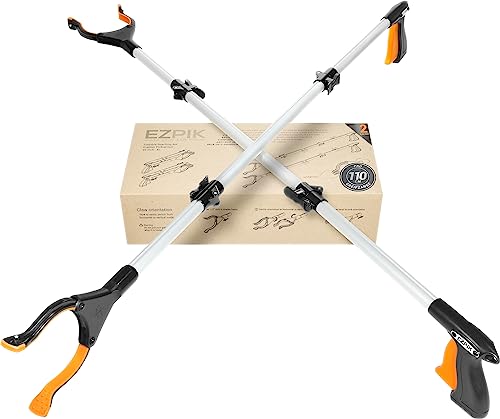 EZPIK 2 x 110 cm Greifer für Senioren mit Magnet-Greifarm, Robuste Greifzangen für Menschen mit Behinderungen, Drehbare Müllgreifer Zange, Gehilfe mit Befestigungsclip, 2er-Pack, Silber von EZPIK