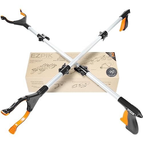 EZPIK 2 x 90 cm Greifer für Senioren mit Magnet-Greifarm, Robuste Greifzangen für Menschen mit Behinderungen, Drehbare Müllgreifer Zange, Gehilfe mit Befestigungsclip, 2er-Pack, Silber von EZPIK