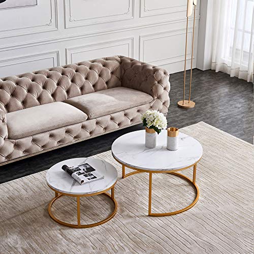 Couchtische, 2er Set, rund, Beistelltische für Wohnzimmer, stabilem Metallrahmen,Moderne Couchtische für Wohnzimmer und Balkon (Gold C, 80 + 60 cm) von EZSSW