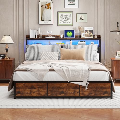 EZSSW Bett mit Lattenrost 160x200 cm, Bett mit Schubladen, Kopfteil mit Fächern, Doppelbett,Polsterbett, Stauraumbett, für Erwachsene und Jugendliche, PU(Holzmaserung, 160 x 200 cm) von EZSSW