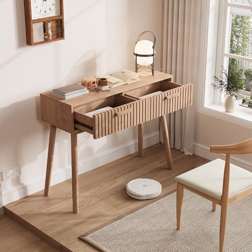 Schreibtisch mit 2 Schubkasten, Holz Schreibtisch, vertikales atmungsaktives Streifendesign,stabil und langlebig, ideal für Home-Office, natürliche Holzfarbe (natürliche Holzfarbe, 100 x 35 x 80 cm) Schreibtisch mit 2 Schubkasten, Holz Schreibtisch, vertikales atmungsaktives Streifendesign,stabil und langlebig, ideal für Home-Office, natürliche Holzfarbe (natürliche Holzfarbe, 100 x 35 x 80 cm) von EZSSW