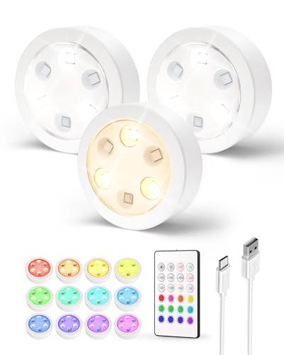EZVALO Schrankbeleuchtung kabellos mit Fernbedienung, 14 Farben RGB LED Unterschrankbeleuchtung, 1200mAh wiederaufladbare dimmbar Timer LED Spot Light Partylicht für Schrank Küche Treppen (3-Stücke) von EZVALO