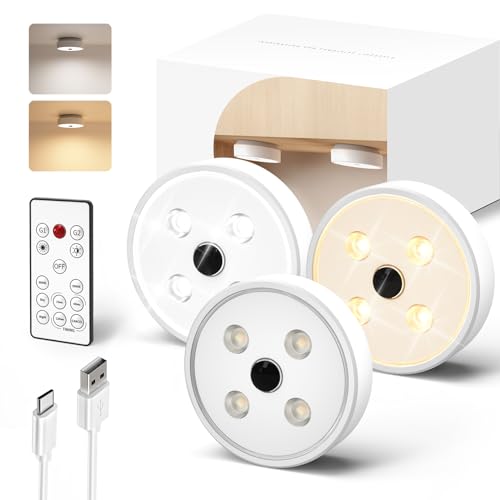 EZVALO Unterbauleuchte Küche LED, Spots Batteriebetrieben Kontrolle der Gruppe mit Fernbedienung, Puck Light Schranklicht Kabellos, Schrankbeleuchtung Batteriebetrieben (3 Stück-1200mAh-3000k/5000k) von EZVALO