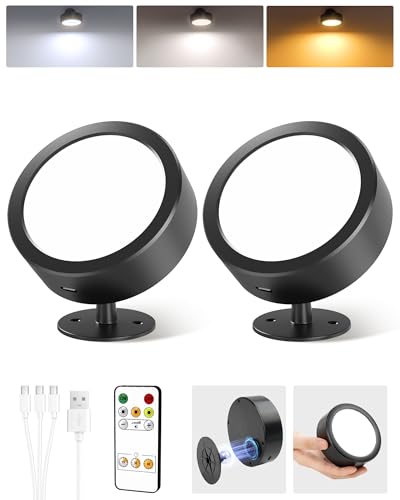 EZVALO LED Wandleuchte Innen mit 5500mAh Akku, 3.7IN*2 Stück Wandlampe Kabellos mit Fernbedienung 360° Drehbar, 3 Farbmodi Touch Control Für Kinder, Wohnzimmer, Schlafzimmer, (große Größe) von EZVALO
