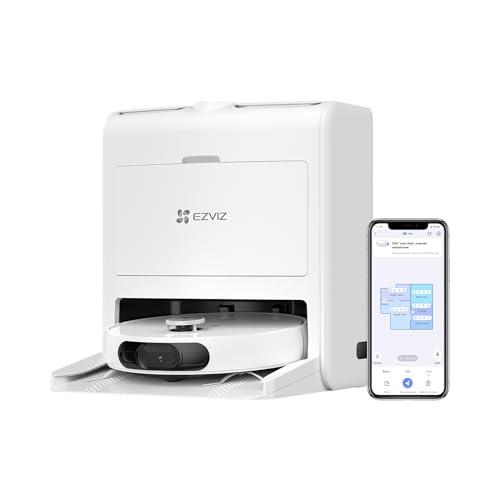 EZVIZ Saugroboter mit Wischfunktion Absaugstation und automatischer Reinigung, 2-in-1-Saugen und Waschen, Lasernavigation, Hinderniserkennung, 4000Pa Saugkraft, integrierter 3K Kamera, RS2 von EZVIZ