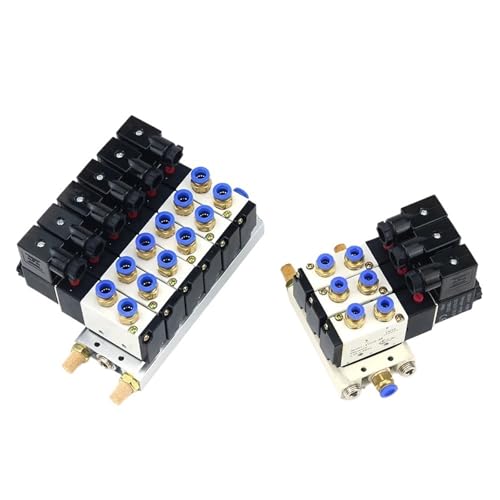 Multi Option 4V210-08 Electromagnetic Solenoid Valve Block With Muffler Fitting Base Manifold DC 12v 24v AC 110v 220v 2 to 6 Way(2 Row 6mm Fitting,AC220V) von EZXPCHKES