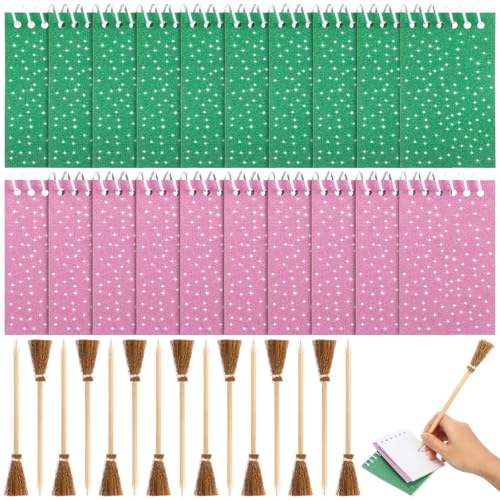 Eaasty 24 Set Green and Pink Glitter Notepad with Witch Broom Pencils Spiral Notepad Mini Glitter Pocket Notebook 2.4 x 4 Inch 20 Sheets Per Book for Witch Theme Party Favors Teens Classroom Gifts von Eaasty