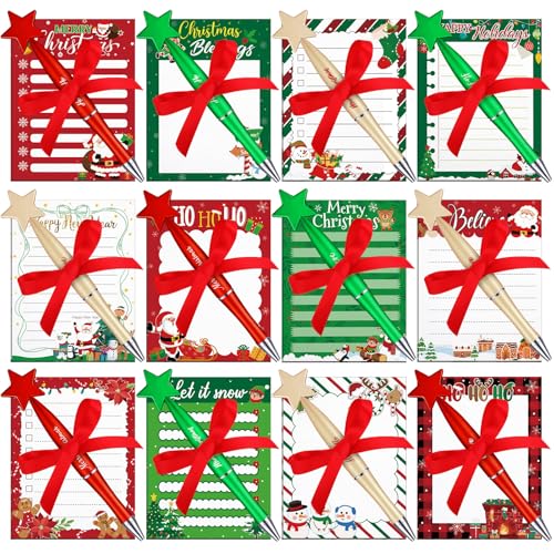 Eaasty 24 Sets Christmas Appreciation Gifts Bulk, Retractable Xmas Ballpoint Pen with Notepad and Ribbon Christmas Party Favors Stationery Gifts for Office School Home Winter Party Supplies von Eaasty