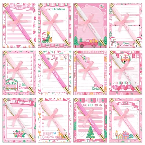 Eaasty 24 Sets Pink Christmas Appreciation Gifts Bulk, Retractable Pink Xmas Ballpoint Pen with Notepad and Ribbon Christmas Party Favors Stationery Gifts for Office School Home Winter Party Supplies von Eaasty
