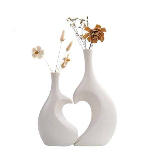 Weiße Keramikvasen Set (2er Set) - Herzförmige Vasen mit Mattierter Oberfläche, Landhausstil Deko für Schlafzimmer, Wohnzimmer, Büro & Badezimmer von Eachave