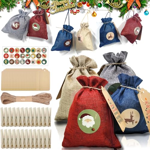 Adventskalender zum Befüllen [24 Stück] Weihnachtskalender 2023 Jutesäckchen 18 x 13cm Groß, Weihnachtsdeko Tüten/Säckchen mit 24 Aufkleber, Geschenktüten Weihnachten mit Zahlen Holzanhänger von Eachen