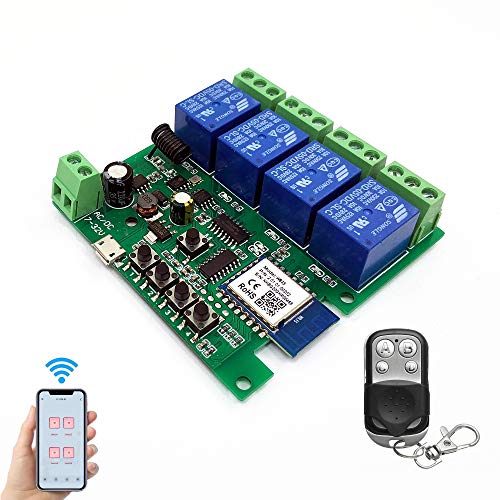 WiFi Wireless Relais Modul 4 Kanäle Remote Switch AC220V Inching/Selbstverriegelung Switch Alexa Relais DIY für Garagentor Fernbedienung mit 433Mhz RF Remote kompatibel mit Alexa, Echo, Google, IFTTT von Eachen