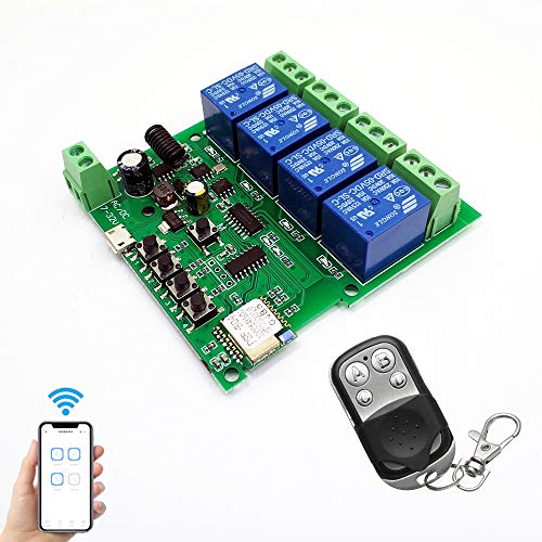 WiFi Wireless Relais Modul 4 Kanäle Remote Switch AC220V Inching/Selbstverriegelung Switch Alexa Relais DIY für Garagentor Fernbedienung mit 433Mhz RF Remote kompatibel mit Alexa, Echo, Google, IFTTT von Eachen