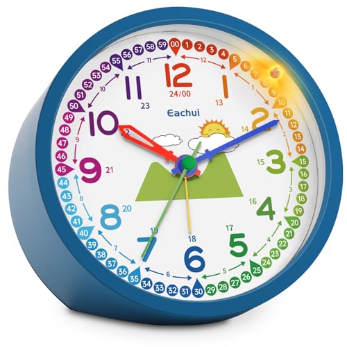 Eachui Analog Wecker Kinder ohne Ticken für Jungen und Mädchen - Analog Quarzwecker mit Nachtlicht, Snooze und Batteriebetrieben Lernwecker, einfach einzustellen(Blau) von Eachui