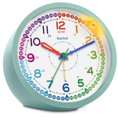 Eachui Analog Wecker Kinder ohne Ticken für Jungen und Mädchen - Lernwecker mit Nachtlicht, Snooze und batteriebetrieben analog Quarzwecker, einfach einzustellen(Grün) von Eachui