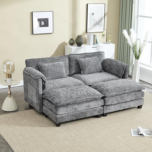 Boucle Chenille Modular Loveseat Sectional Sofa Couch Convertible Sleeper Daybed with Movable Ottomans and Detachable Armrests, Deep Seat Reversible Lounge Chaise with Side Pockets for Living Room von Eafurn