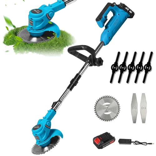 Akku-Rasentrimmer 800W, 21V Kabellos mit 18.000 U/min | Verstellbarer Teleskopstab (90-120 cm) | Inkl. 5 Kunststoffmessern + Metallmesser + Rundmesser | Leise & Sicher für Garten, Hof, Rasen (1 Akku) von EagerMinds