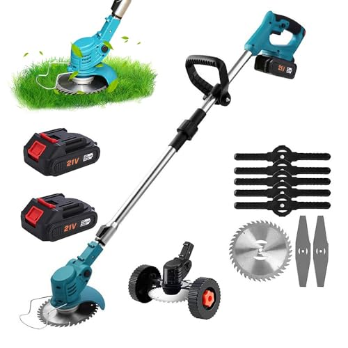 Akku-Rasentrimmer 800W, 21V Kabellos mit 18.000 U/min | Verstellbarer Teleskopstab (90-120 cm) | Inkl. 5 Kunststoffmessern Metallmesser Rundmesser | Leise & Sicher für Garten, Hof, Rasen (2 Akku-B) von EagerMinds