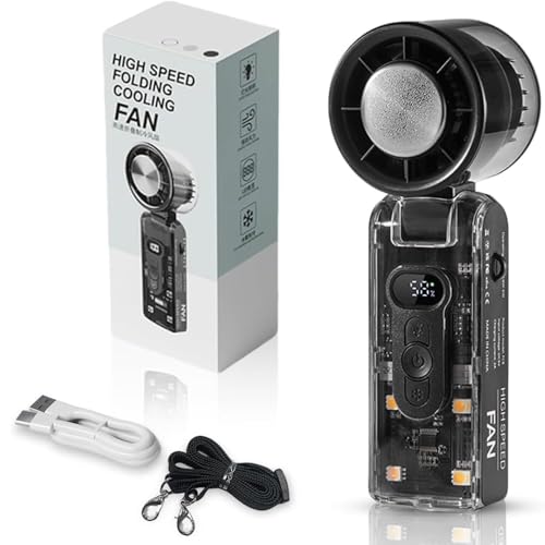 Tragbarer Handheld-Turbo-Ventilator, mit Turbo-Lüfter und Eiskühlung, LED-Display, Mit LED-Licht, Einstellbare Geschwindigkeit (1-100), Wiederaufladbarer 3600 mAh Akku, USB-Ventilator (Schwarz) von EagerMinds