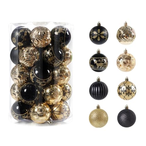 Weihnachtskugeln 34 Stück, 6cm Kunststoff Set, Kugeln für Weihnachten, Weiß Gold Rot Blau Schwarz, Weihnachtsdeko (Gold Schwarz) von EagerMinds