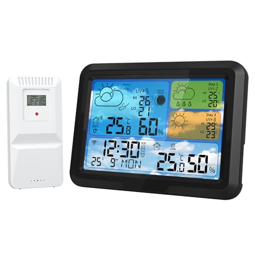 Wlan Wetterstation Funk mit Außensensor WiFi, Innen und Außentemperatur – Luftdruck/Barometer – Luftfeuchtigkeit – 3 Tage Prognose mit App, dimmbare Beleuchtung von EagerMinds