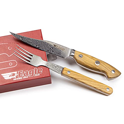 Eagle U-Grip - Steakmesser Set mit Steakgabel - Voll-Damaststahl 108 Lagen/Heftschalen: Olivenholz aus Süditalien von Eagle