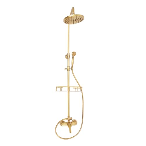 Ealtqund Duschsystem Antik Messing Duscharmatur Set Retro Gold Duschset mit 2 Strahlarten, Aufbewahrungsregal, Handbrause Kopf, Stahldüsen, Höhenverstellbar 85-132cm von Ealtqund