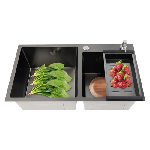 Ealtqund Edelstahl Doppelspüle 304 XXL Spülbecken mit Seifenspender & Schalldämmung Küchenspüle für Auf-/Unterbau (78x43cm) Industrietauglich von Ealtqund