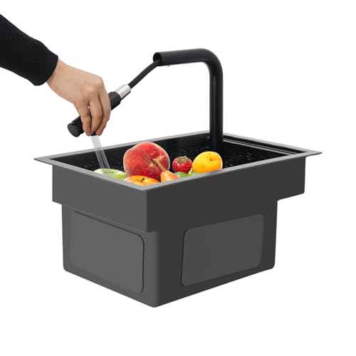 Ealtqund Einbau-Spüle 45cm Nano Schwarz 304 Edelstahl Spüle mit Ausziehhahn & Abdeckplatte Spritzschutz & Überlauf für Küche/Bar (17.72x11.81 Zoll) von Ealtqund
