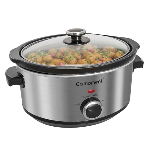 Eamoment Slow Cooker, 3,5 Liter Edelstahl Schongarer mit Keramiktopf, Einstellbare Temperatur, Spülmaschinenfester Keramiktopf und Deckel aus Gehärtetem Glas, 200W von Eamoment