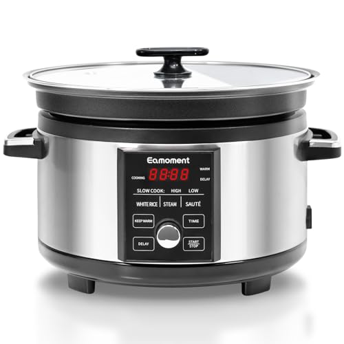 Eamoment 5L programmierbarer Slow Cooker mit Timer, 4-in-1 elektrischer Multikocher, SLOW COOK HIGH/SLOW COOK LOW/WHITE RICE/STEAM/SAUTE/WARM/DELAY, und andere praktische Funktionen von Eamoment