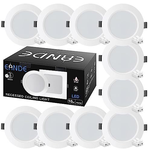 Eande 10er Set LED Einbaustrahler, 230V 7W LED Spots Ultra Flach Warmweiß 3000K Aussen Ø 118mm Deckenspots Einbauleuchten Weiß Einbauspots Rund 600lm Slim, Einbautiefe 26mm, Einbauloch Ø 93-100mm von Eande