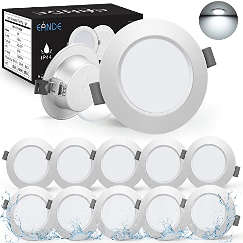 Eande 10er Set LED Einbaustrahler Flach IP44, Kaltweiss 6500K, LED Spots 230V 5W 450LM, Ultra Flach Deckenspots LED Einbautiefe 25mm, Einbauloch Ø 75-85mm, Rund Silber von Eande