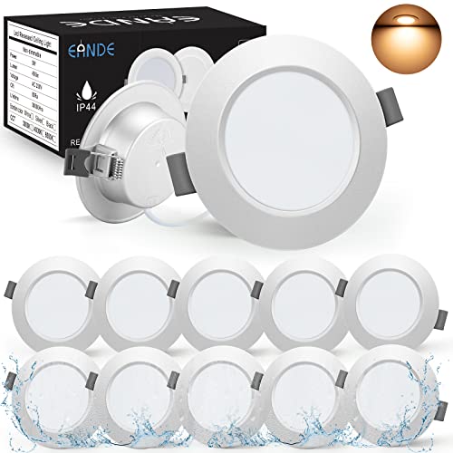 Eande 10x LED Einbaustrahler Flach IP44, Warmweiß 3000K, LED Spots 230V 5W 450LM, Ultra Flach Deckenspots LED Einbautiefe 25mm, Einbauloch Ø 75-85mm, Rund Silber von Eande