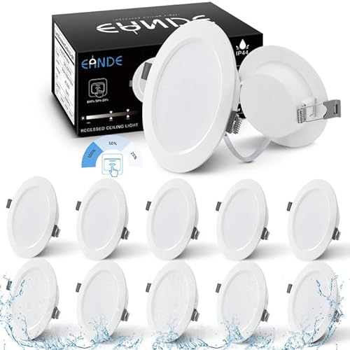 Eande LED Einbaustrahler Dimmbar 230V, Kaltweiss 6500K, 9W 900LM Ultra Flach Deckenspots LED Spot, IP44 Spritzwasser geschützt, 26mm Einbautiefe, Einbauleuchten Loch 115-120mm, 10er Set von Eande