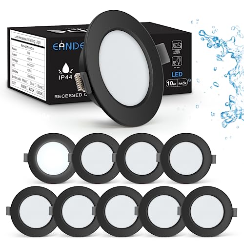 Eande LED Einbaustrahler Schwarz 230V 5W IP44 Ø98mm 6500K Kaltweiß 450lm LED Spots 230v Flach Einbauleuchten LED Rund Einbauspots, Einbautiefe 25mm, Einbauloch Ø 75-85mm,10er set von Eande