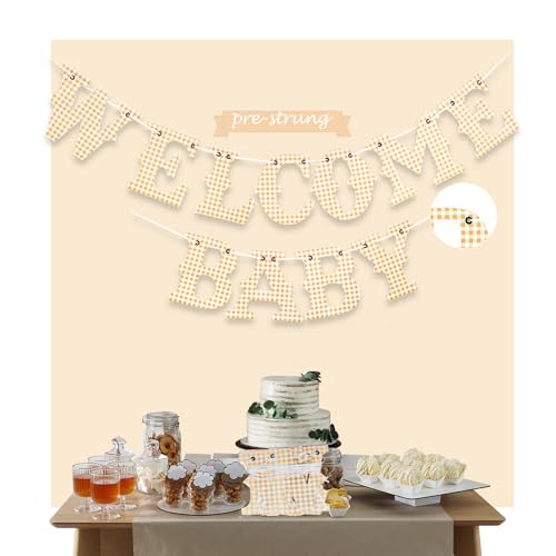 Eanjia Vorbespanntes Willkommens-Banner für Babyparty, 4,5 m, Schild für Babyparty, Party, Beige Gingham von Eanjia
