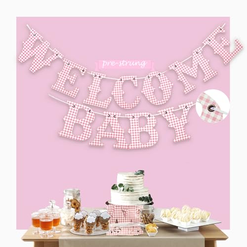 Eanjia Vorbespanntes Willkommens-Banner für Babyparty, 4,5 m, Schild für Babyparty, Party, rosa Vichy-Muster von Eanjia