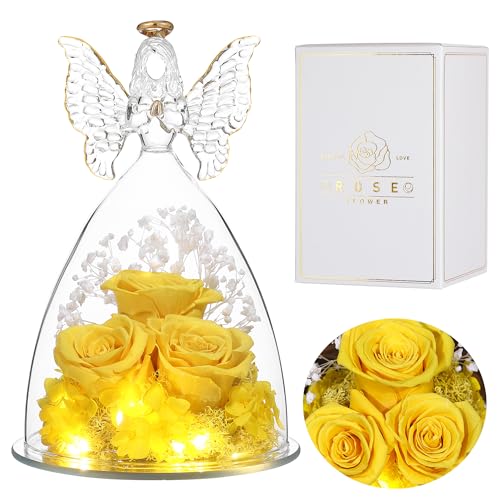 Eaprala DREI Konservierte Rosen Geschenk in Glas Engelsfiguren, Geburtstagsgeschenke für Frauen, Engel Geschenke für Sie auf Jahrestag,Weihnachten,Valentinstag.Gelb von Eaprala