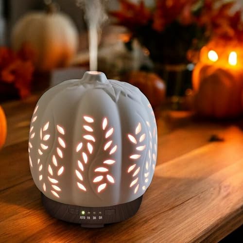 Earnest Living Ätherisches Öl Diffusor Weiß Kürbis Keramik Diffusor 250ml Timer Nachtlichter und Auto Off Funktion Home Office Luftbefeuchter Aromatherapie Diffusoren für ätherische Öle Halloween von Earnest Living