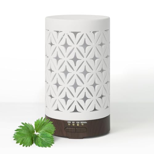 Earnest Living Diffusor für ätherische Öle für Zuhause, weiße Keramik, 100 ml, Aromatherapie-Diffusor mit 4 Timern, 7 Nachtlichtern und automatischer Abschaltfunktion (kein Piepton!) für ätherische von Earnest Living