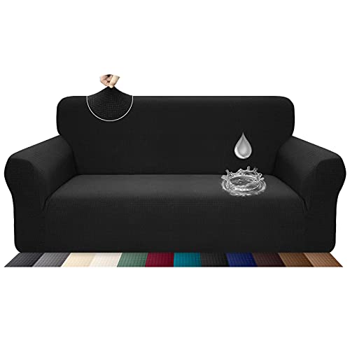 Earnmore Sofabezug, dehnbar, wasserdicht und Kratzfest, für 3 Sitzer, Elegantes Muster mit rutschfesten Schaumstoffstäben (3-Sitzer-Sofa, schwarz) von Earnmore