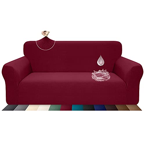 Earnmore Stretch Wasserdicht Sofabezug für 3 Sitzer Stylish Pattern Sofahusse Anti Rutsch Kratzfest Couchhusse mit Anti-Rutsch-Schaumstoffe(3 Sitzer,Weinrot) von Earnmore
