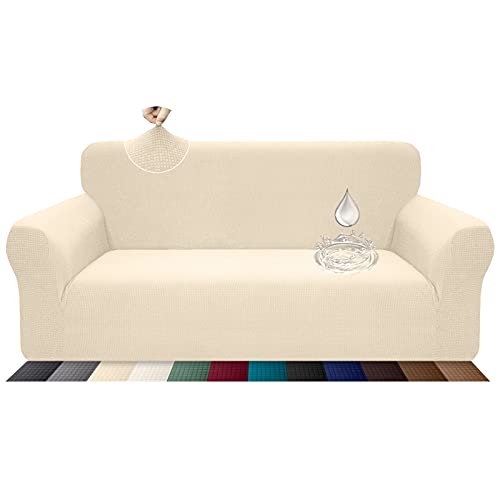 Earnmore Stretch Wasserdicht Sofabezug für 4 Sitzer Stylish Pattern Sofahusse Anti Rutsch Kratzfest Couchhusse mit Anti-Rutsch-Schaumstoffe(4 Sitzer,Beige) von Earnmore