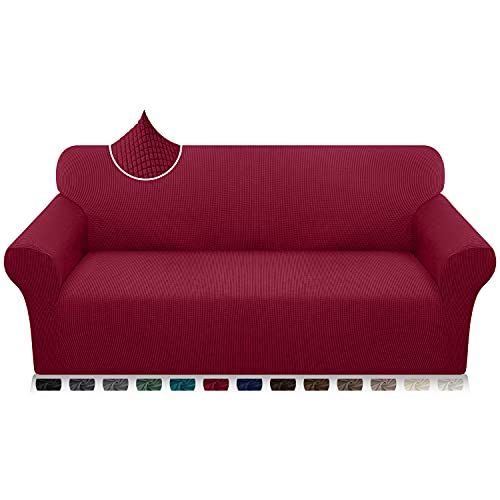 Earnmore Super Stretch Sofabezug 1 Stück Universal Couchbezug für Hunde Katze Elastische Jacquard Sofahusse mit Armlehnen(3 Sitzer,Weinrot) von Earnmore