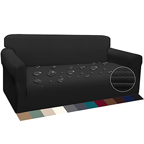 Earnmore Wasserdicht Sofabezug 1 Sitzer Verdickte Stretch Sofahusse Hunde und Katzen Rutschfester Möbelschutz mit Schaumstangen für Wohnzimmer Anti Rutsch (3 Sitzer,Schwarz) von Earnmore