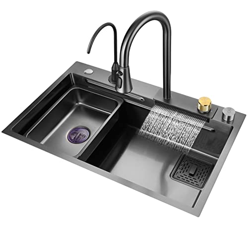 Schwarze Nano Single Bowl Küchenspüle 304 Edelstahl Wasserfall Bar Spüle Mehrzweck Handgefertigte Spüle Rv Spüle Mit Ausziehbarem Wasserhahn Und Drainage-Komponenten von Earnmore