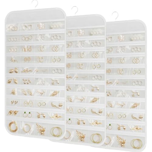 Earssa Schmuck-Organizer zum Aufhängen, mit 80 Taschen, doppelseitig, Schmuckhalter, Aufbewahrung, Wand, Tür, Schrank, Zubehör, Organizer für Ohrringe, Halsketten, Ringe (weiß), 3 Stück von Earssa